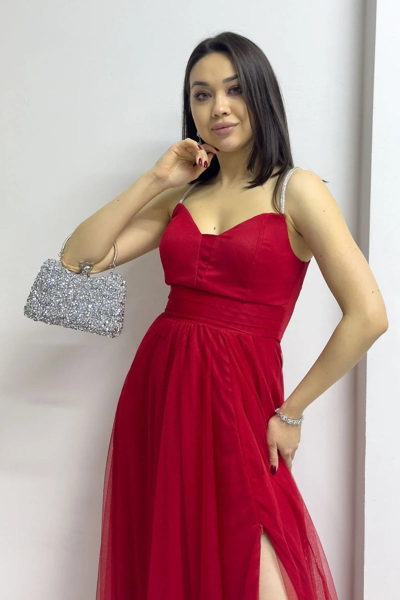 Kadın Kırmızı Taş Askılı Ayarlanabilir Yırtmaçlı Büyük Beden Abiye Elbise

