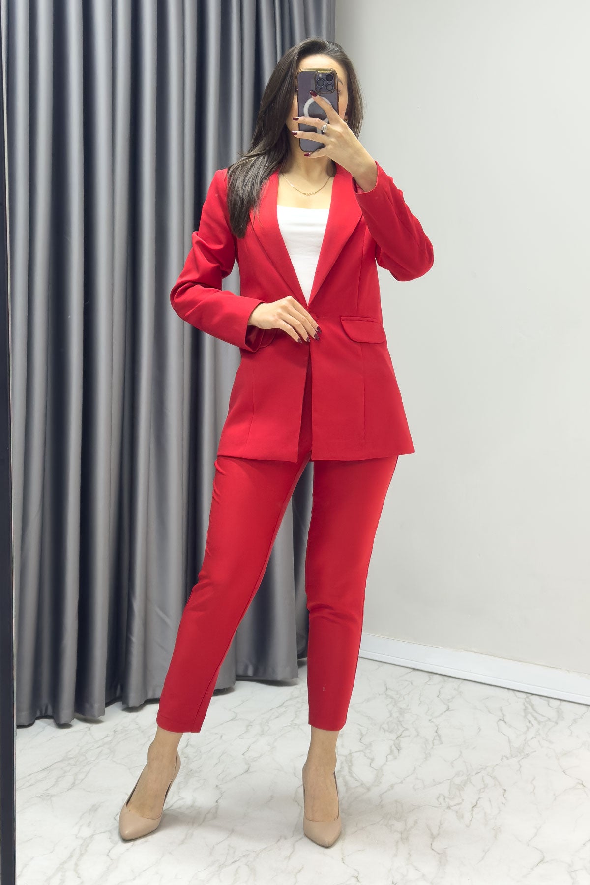Kadın Kırmızı Blazer Ceket Pantolon Takım

