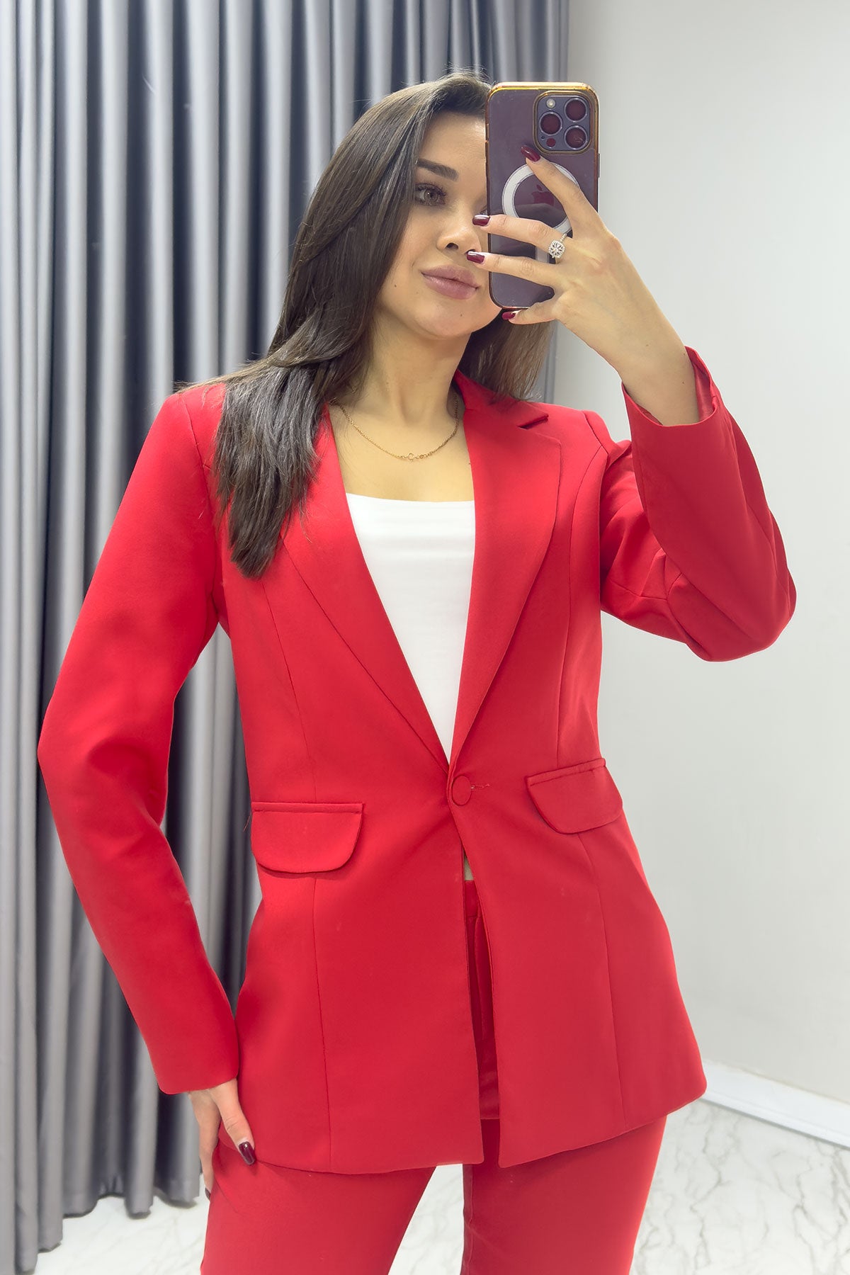 Kadın Kırmızı Blazer Ceket Pantolon Takım

