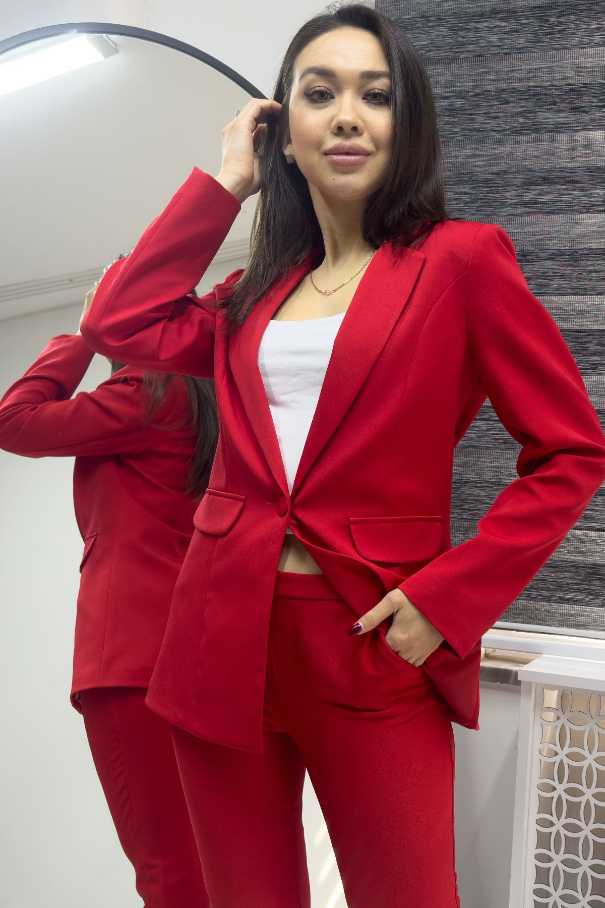 Kadın Kırmızı Blazer Ceket Pantolon Takım

