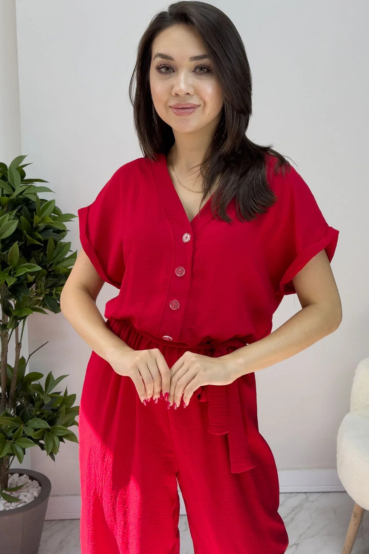 Kadın Kırmızı Bol Paça Kuşaklı Tulum