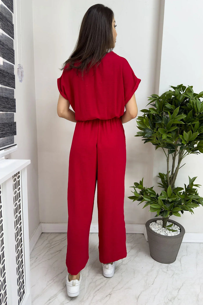 Kadın Kırmızı Bol Paça Kuşaklı Tulum