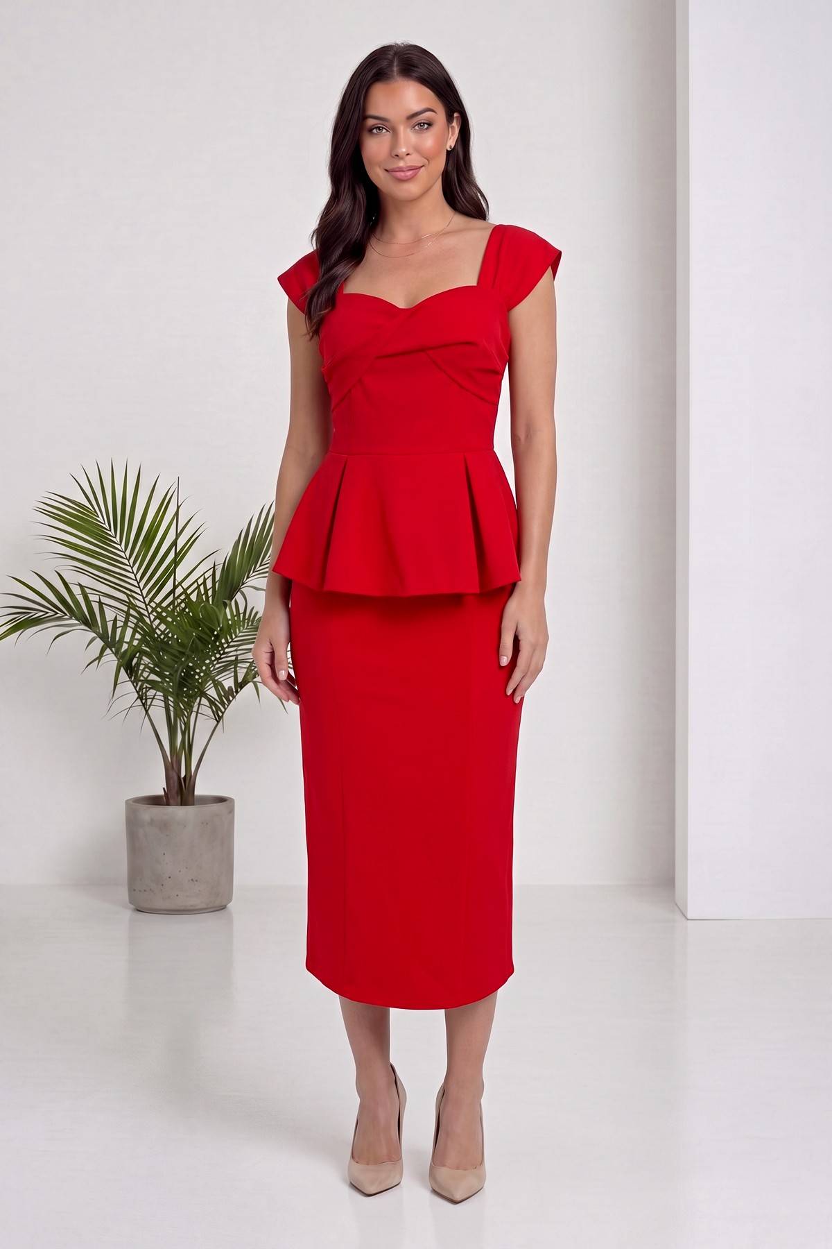 Kırmızı The ZKS peplum etek bluz ikili takım, ön görünüm, kapalı omuzlu