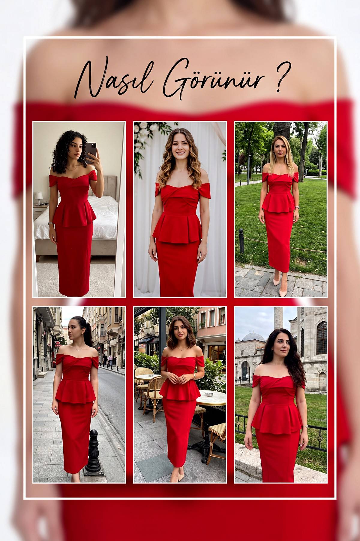 Kırmızı The ZKS peplum etek bluz ikili takımın farklı ortamlarda giyilmiş altı farklı modeli
