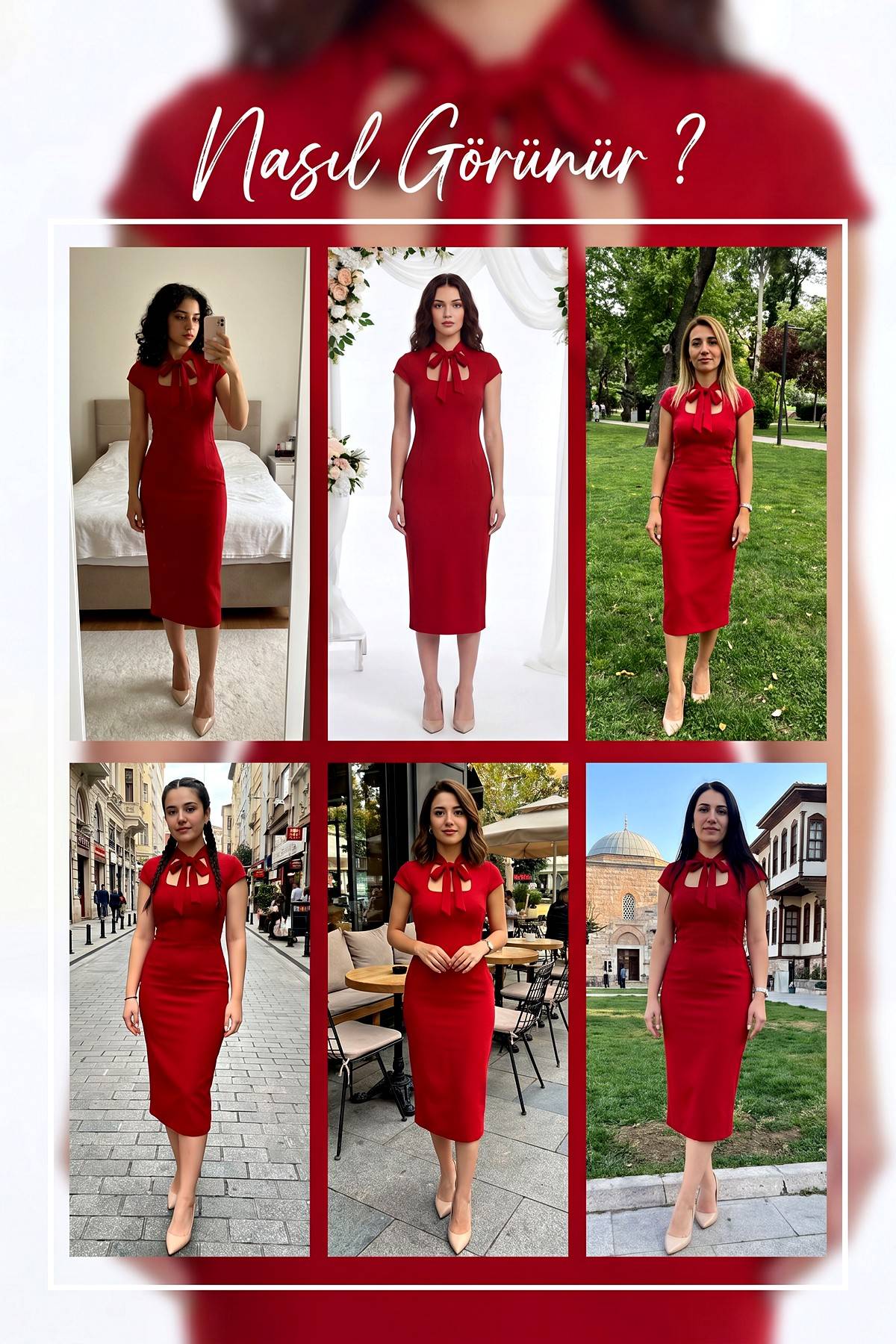 Kırmızı ZKS kare yaka midi elbise farklı mekanlarda giyilmiş kombinler kolajı