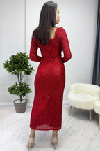 Kırmızı Kare Yaka Pul Payet Abiye Elbise