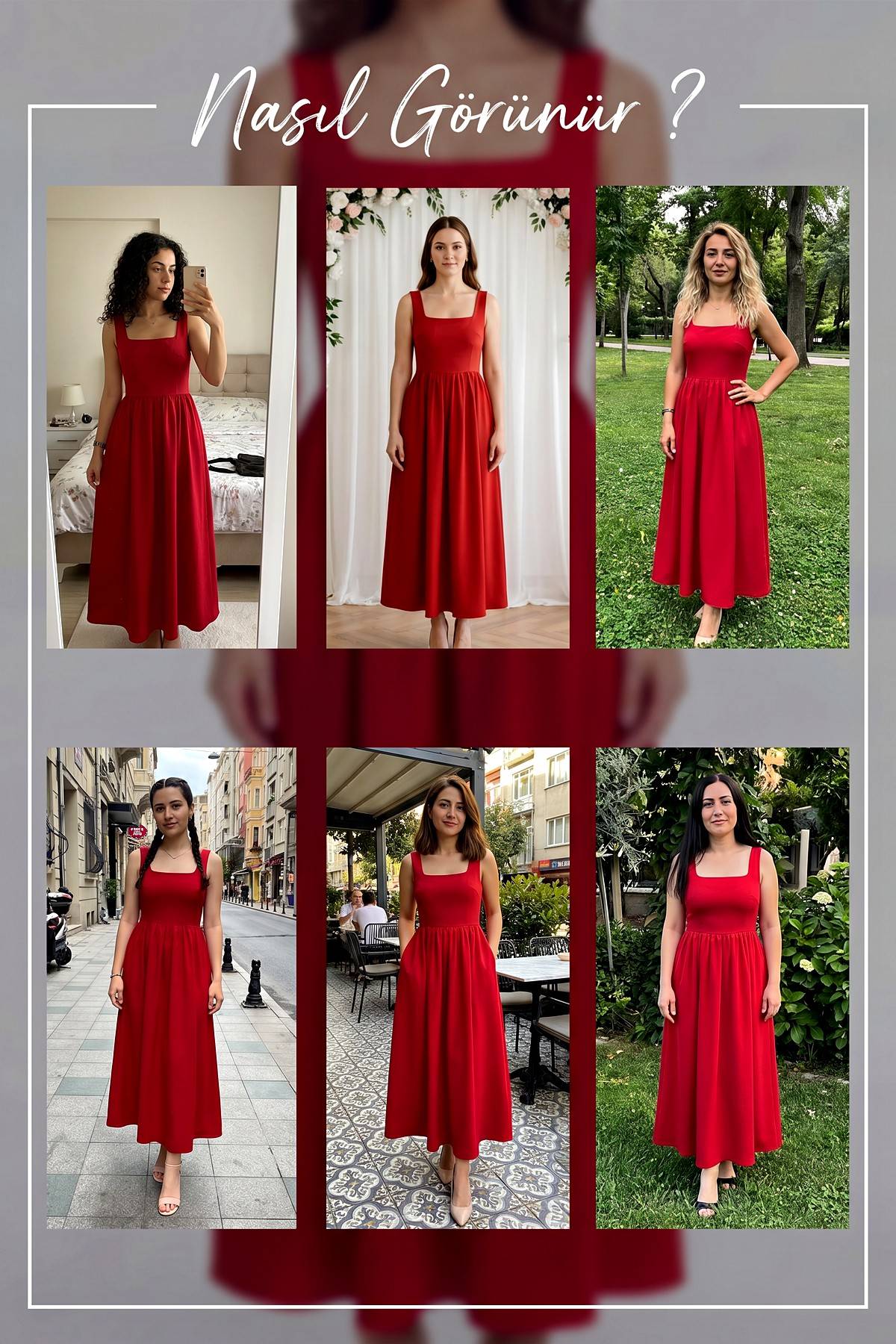Farklı modellerde The ZKS kare yaka kırmızı midi elbise kombinleri.