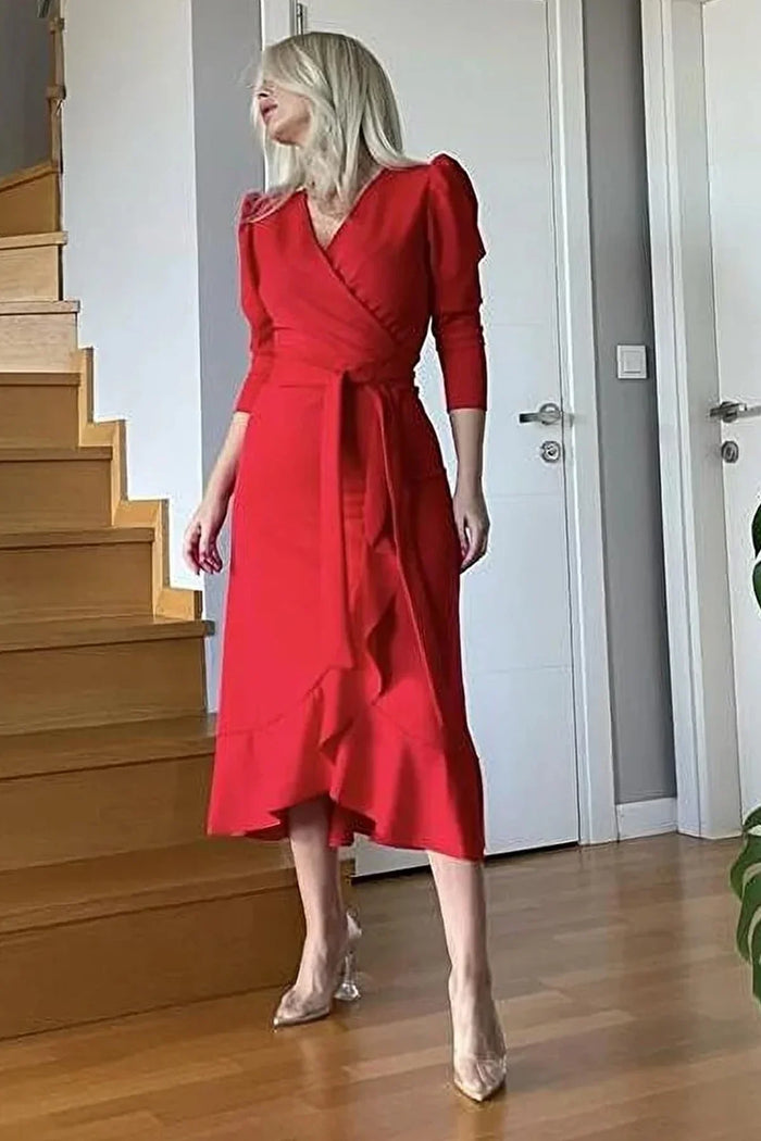 Kırmızı Kadın Karpuz Kol Kruvaze Krep Kuşaklı Büyük Beden Volanlı Elbise

