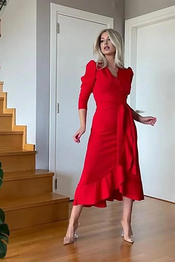 Kırmızı Kadın Karpuz Kol Kruvaze Krep Kuşaklı Büyük Beden Volanlı Elbise

