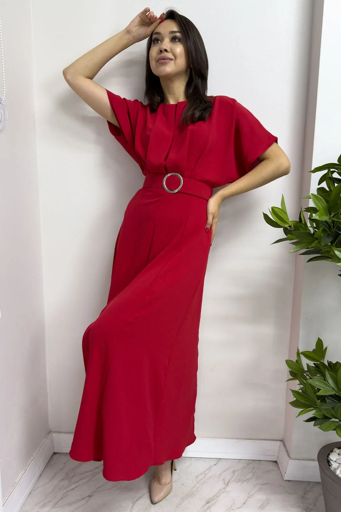 Kadın Kırmızı Önü Pileli Yarasa Kol Kemerli Midi Elbise