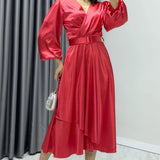 Kırmızı Kemerli  Saten Büyük Beden Abiye Elbise