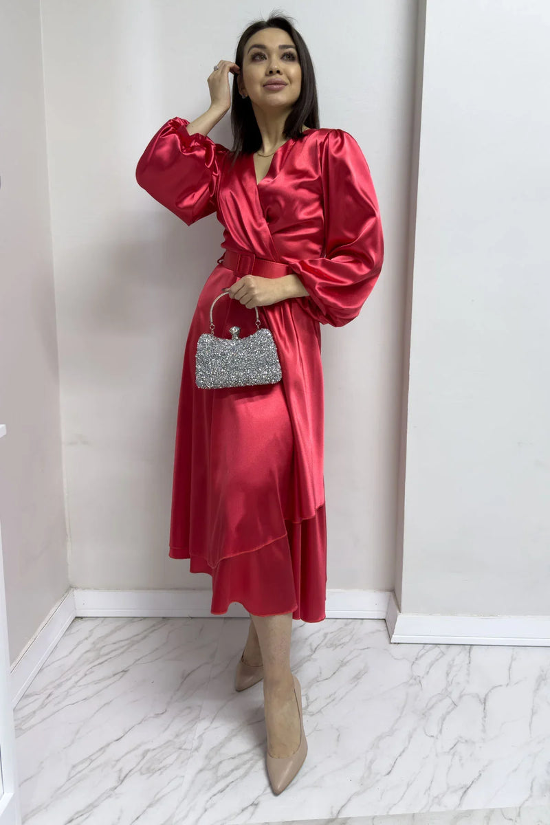 Kırmızı Kemerli Saten Büyük Beden Abiye Elbise

