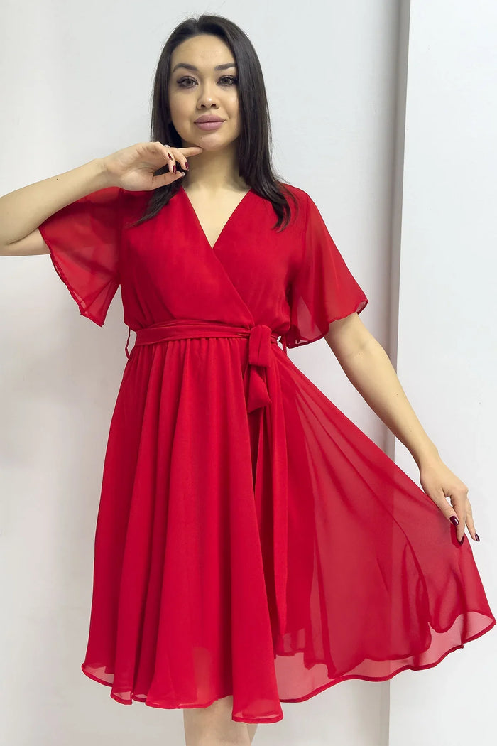 Kırmızı Kloş Yarım Kol Büyük Beden Şifon Elbise

