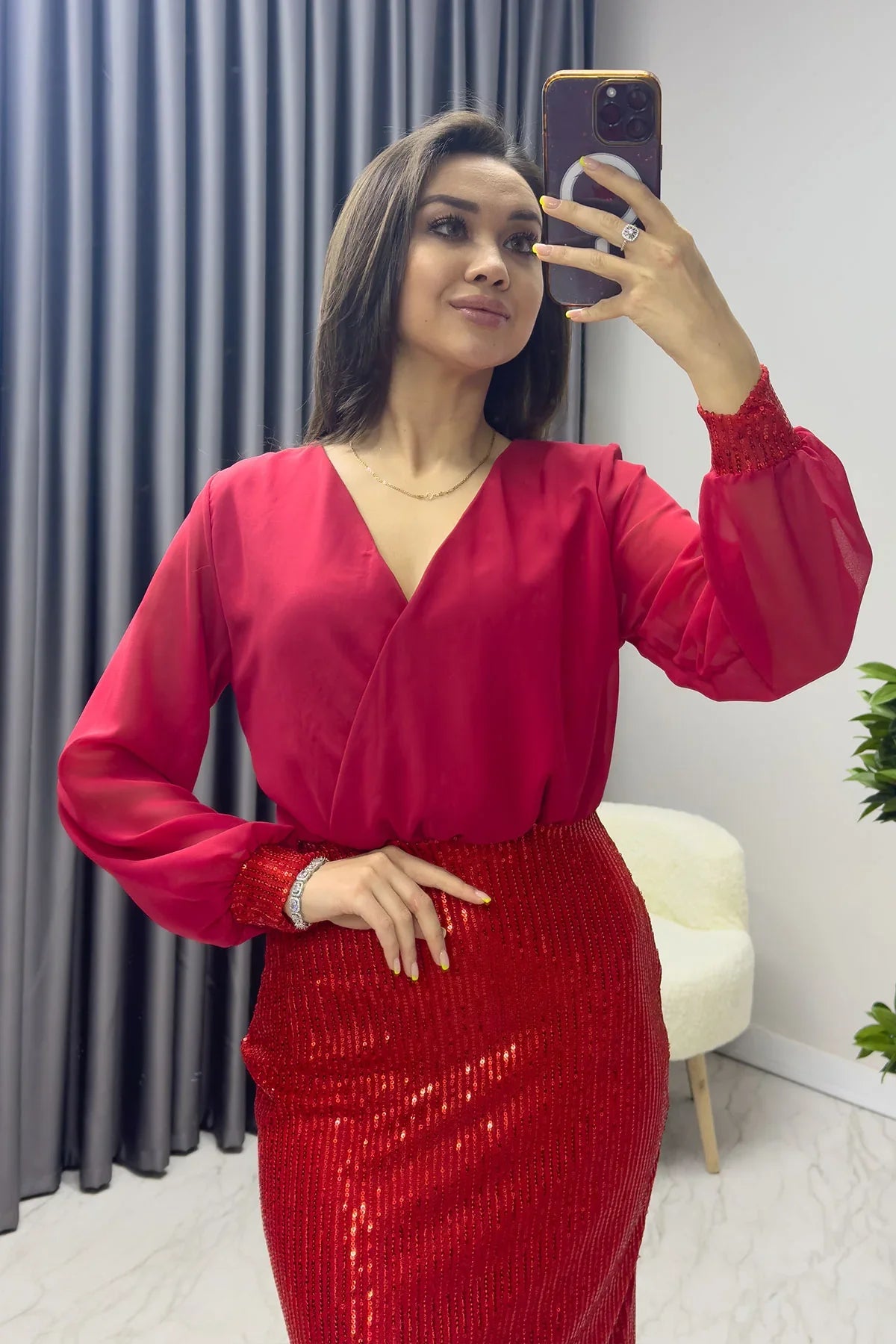 Kırmızı Kruvaze Yaka Payet Abiye Elbise