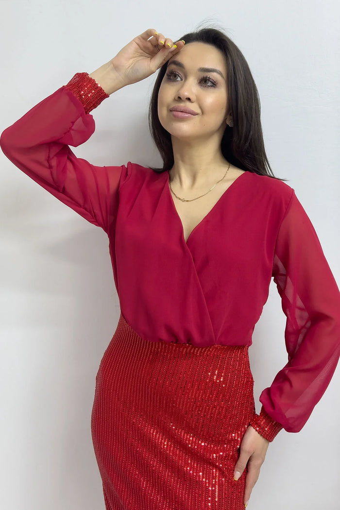 Kırmızı Kruvaze Yaka Payet Abiye Elbise
