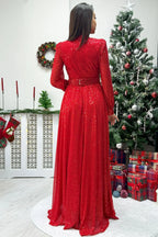 Kırmızı Pul Payet Büzgü Detay Maxi Abiye Elbise - the ZKS