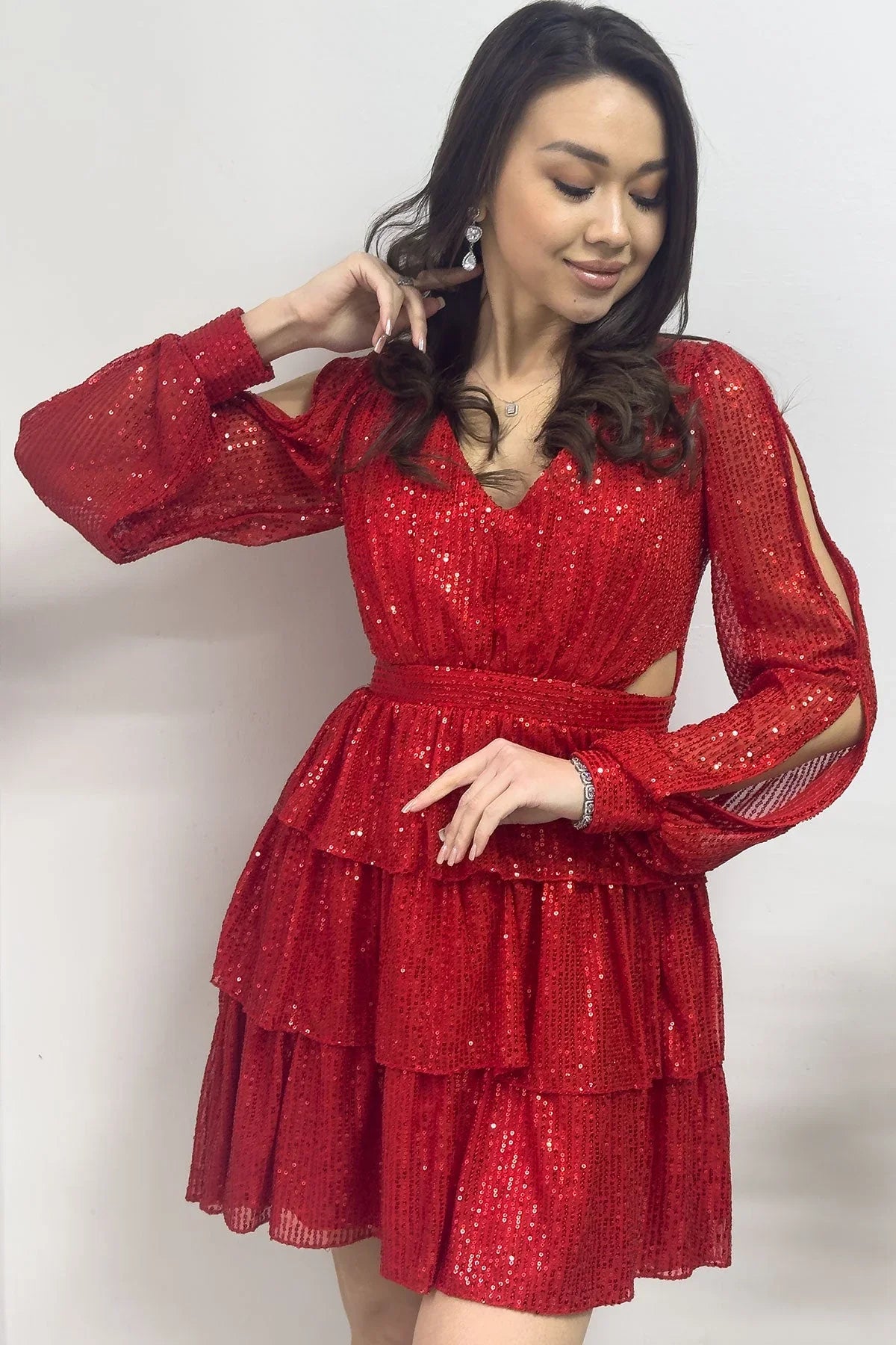 Kırmızı Pul Payet Sırt Dekolteli Mini After Abiye Elbise - the ZKS