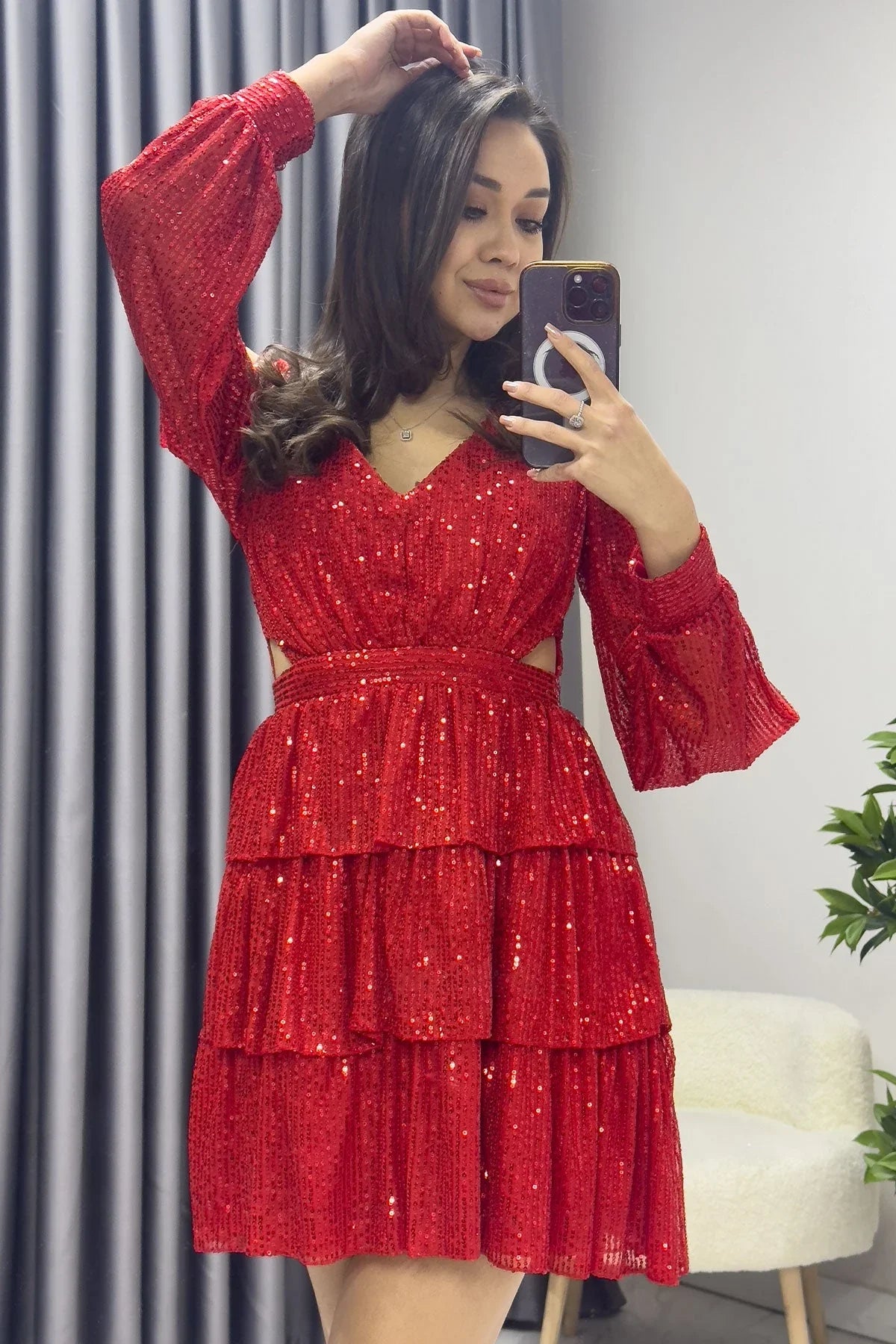 Kırmızı Pul Payet Sırt Dekolteli Mini After Abiye Elbise - the ZKS