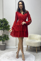 Kırmızı Pul Payet Sırt Dekolteli Mini After Abiye Elbise