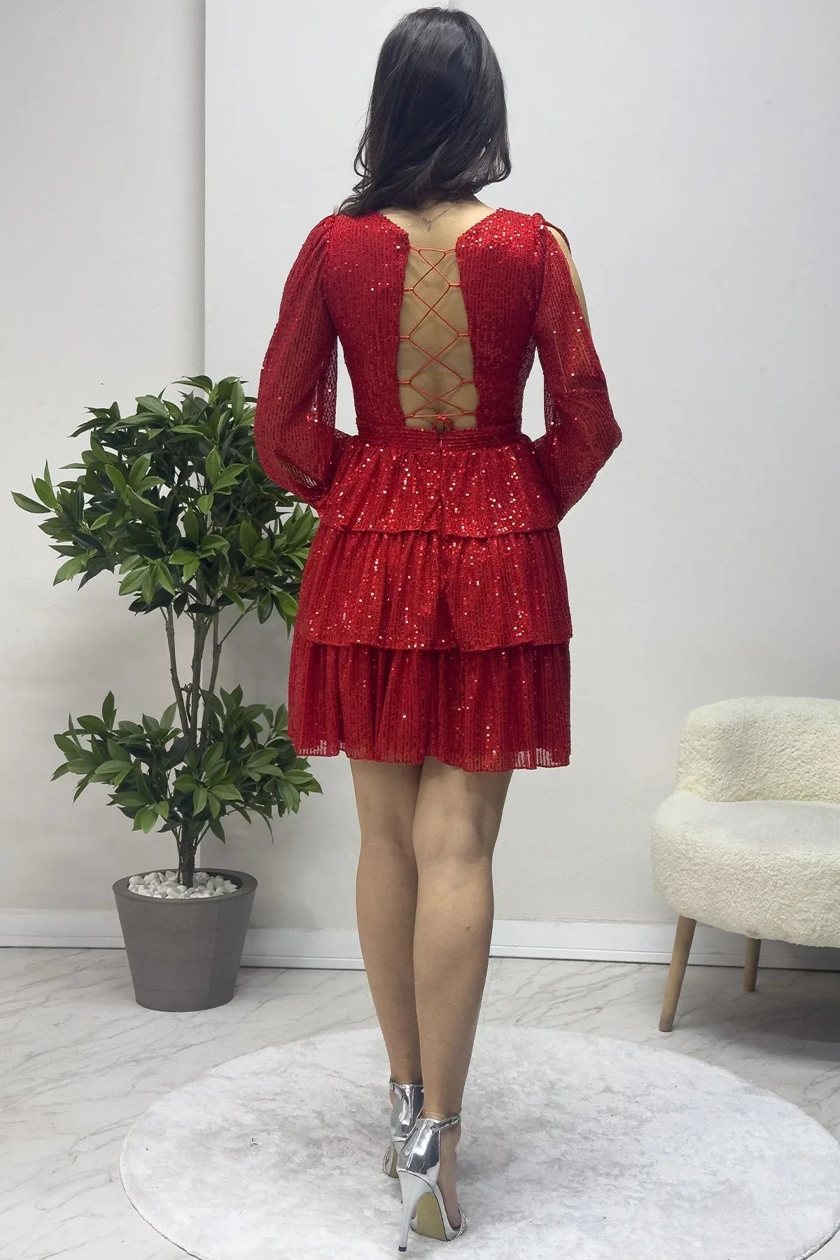 Kırmızı Pul Payet Sırt Dekolteli Mini After Abiye Elbise - the ZKS