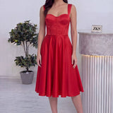 Kırmızı Saten Midi Boy Askılı Mezuniyet Abiye Elbise