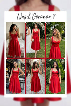 ZKS kırmızı saten midi boy abiye elbisenin farklı mekanlarda ve açılarda giyilmiş kombinlerini gösteren kolaj görseller.