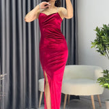 Kadın Kırmızı Taş İnce Askılı Yırtmaçlı Kadife Yeni Sezon Abiye Elbise