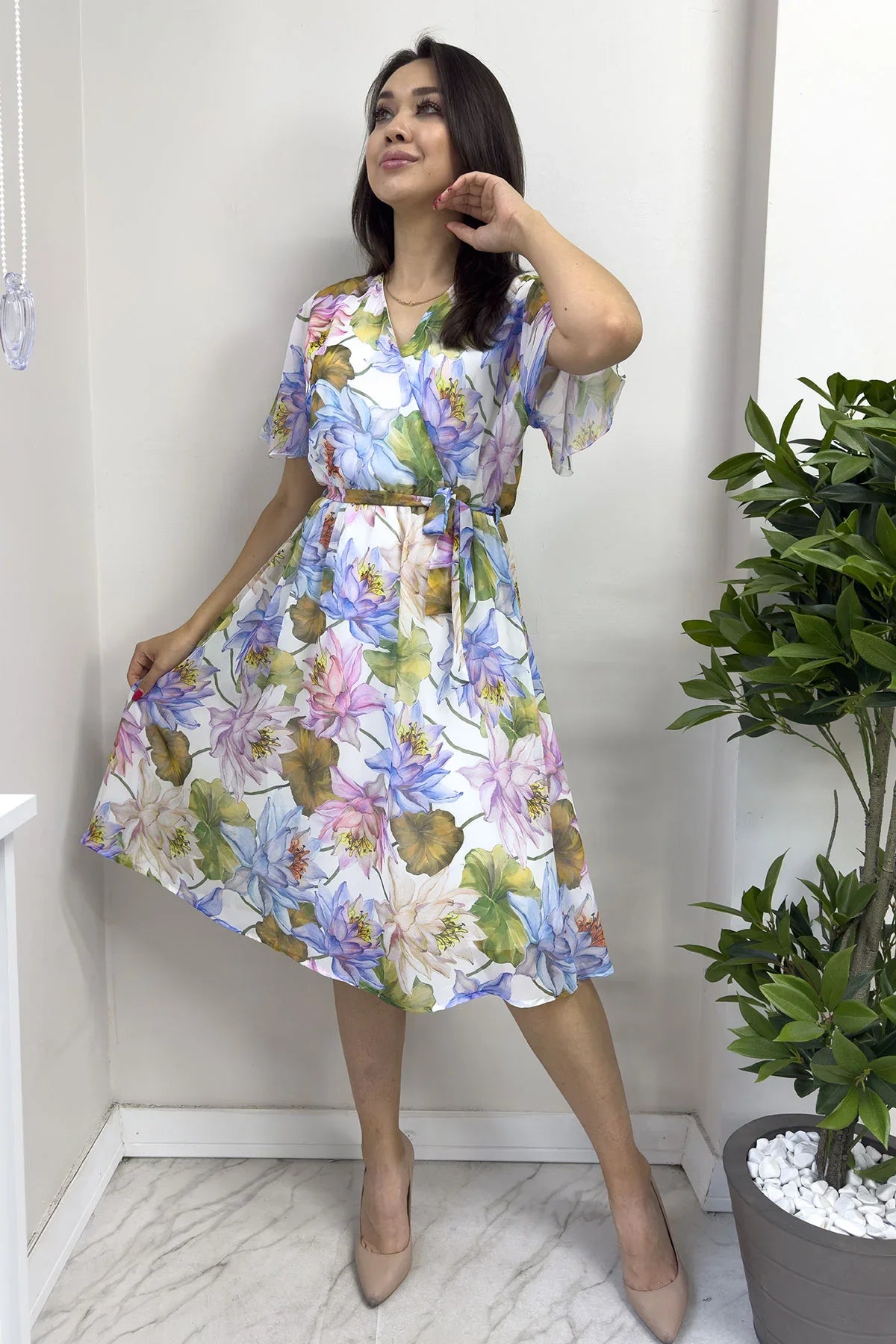 Kadın Kısa Çiçek Desen Şifon Elbise