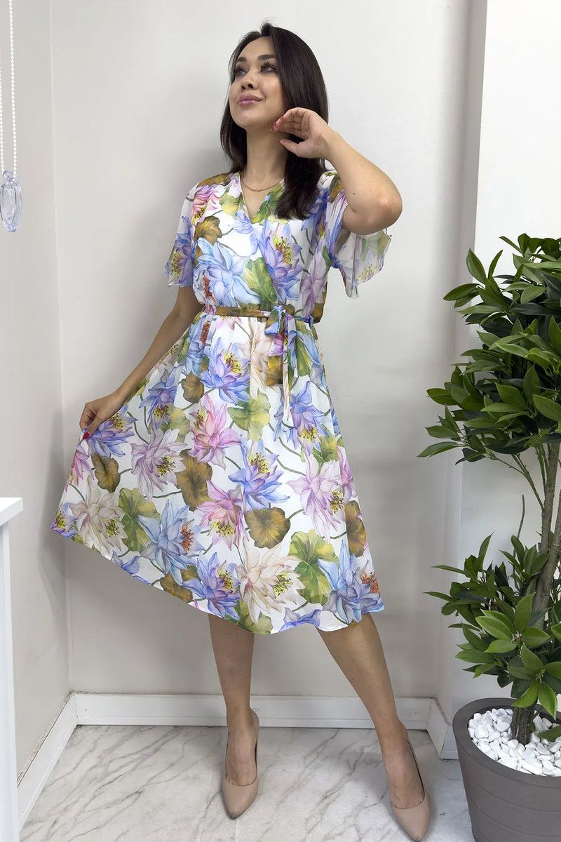 Kadın Kısa Çiçek Desen Şifon Elbise