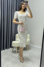 Beyaz Güpür Detay Kısa Kollu Elbise