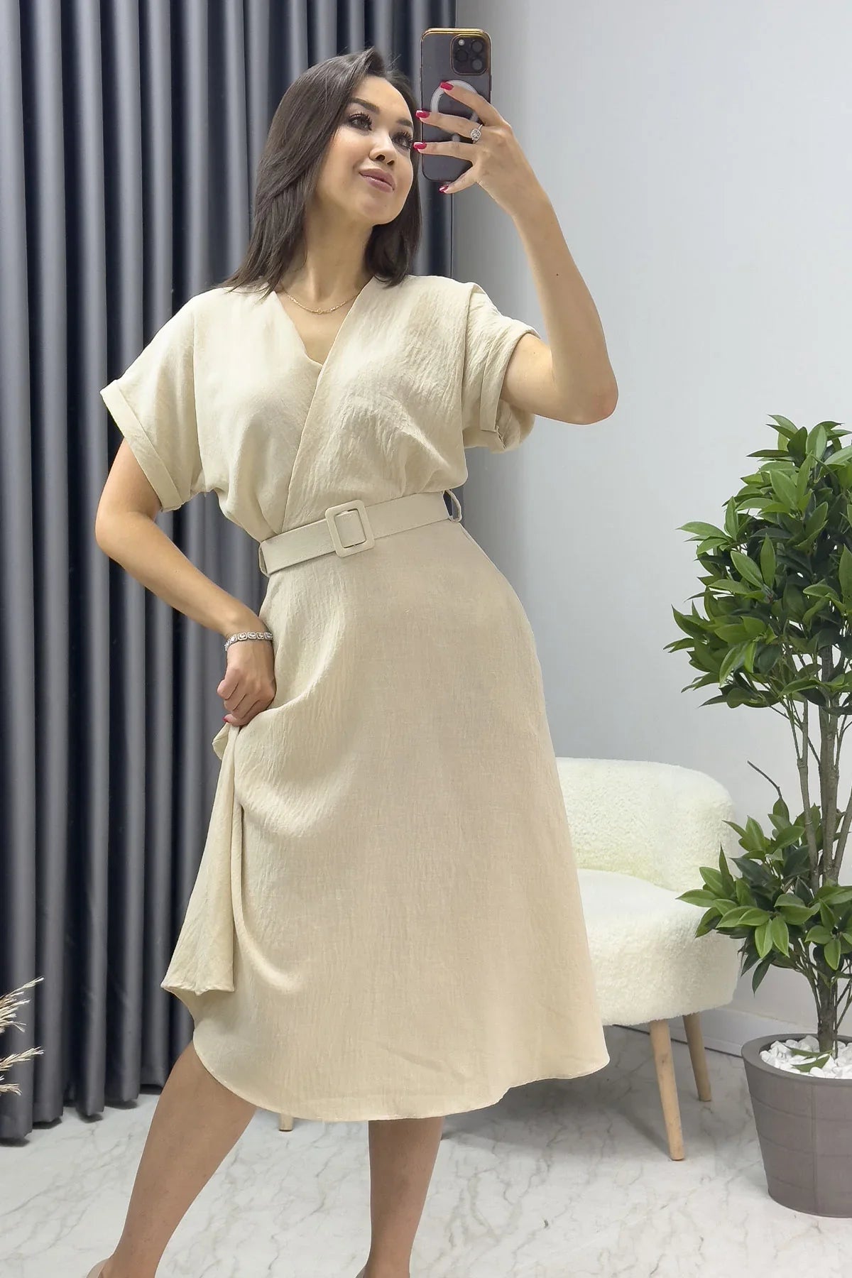 Kadın Krem Keten Kemerli Midi Cepli Elbise