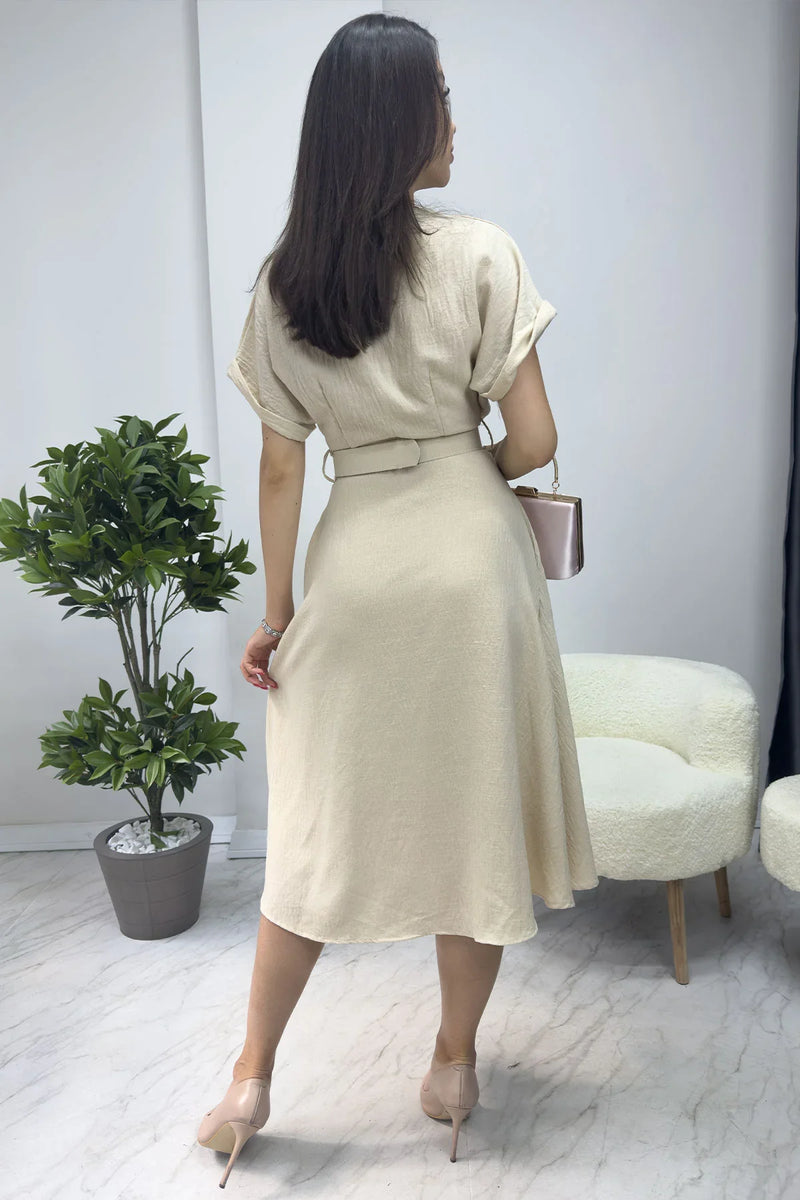 Kadın Krem Keten Kemerli Midi Cepli Elbise