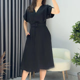Kadın Siyah Keten Kemerli  Midi Cepli Elbise