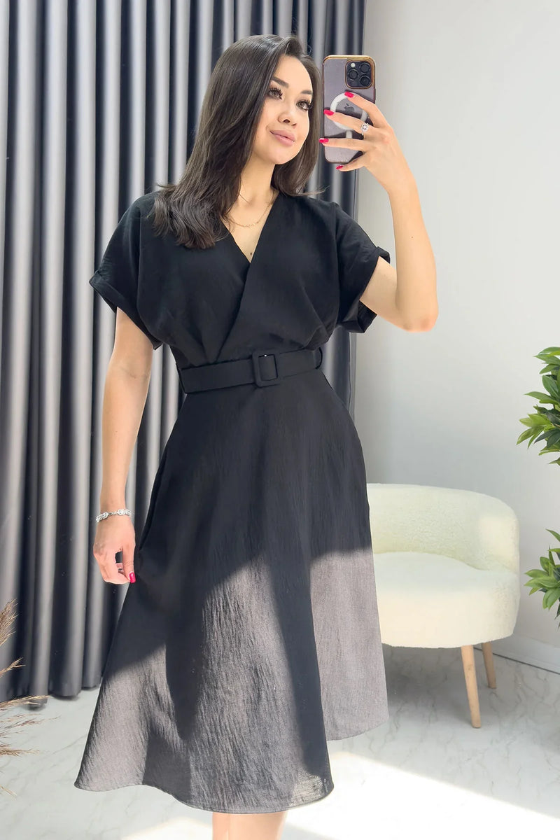 Kadın Siyah Keten Kemerli Midi Cepli Elbise