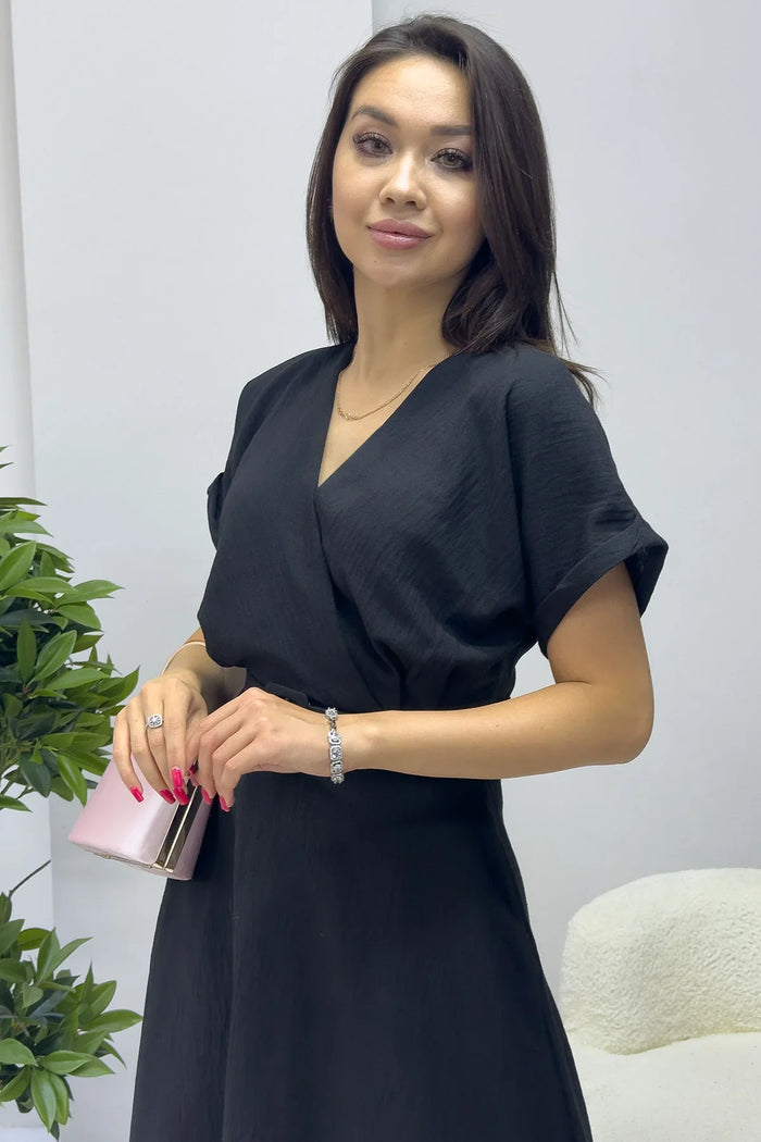 Kadın Siyah Keten Kemerli Midi Cepli Elbise