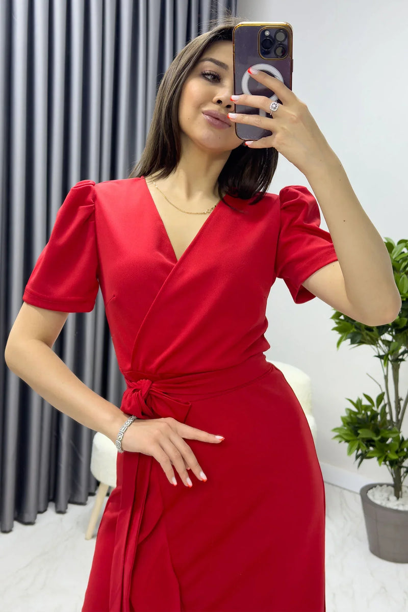 Kırmızı Kısa Karpuz Kol Kruvaze Kuşaklı Büyük Beden Elbise

