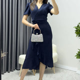 Lacivert Kısa Karpuz Kol Kruvaze Kuşaklı Büyük Beden Elbise