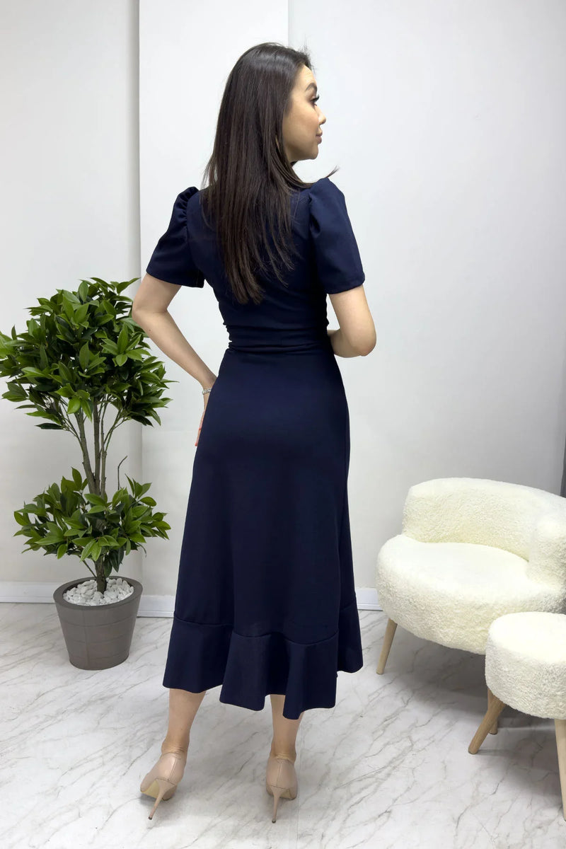 Lacivert Kısa Karpuz Kol Kruvaze Kuşaklı Büyük Beden Elbise

