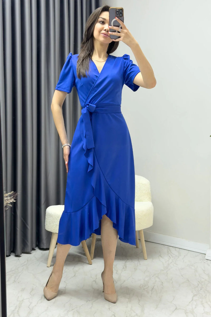 Saks Mavisi Kısa Karpuz Kol Kruvaze Kuşaklı Büyük Beden Elbise

