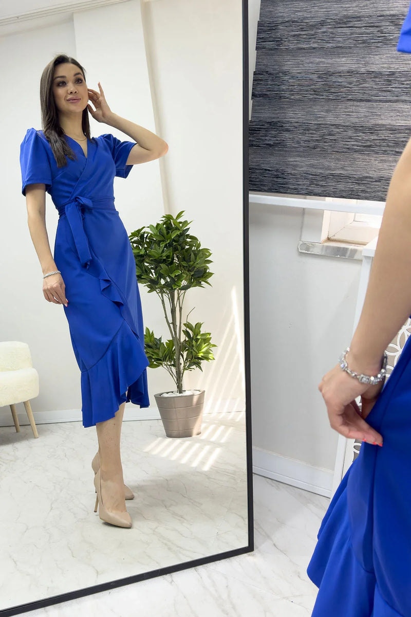 Saks Mavisi Kısa Karpuz Kol Kruvaze Kuşaklı Büyük Beden Elbise

