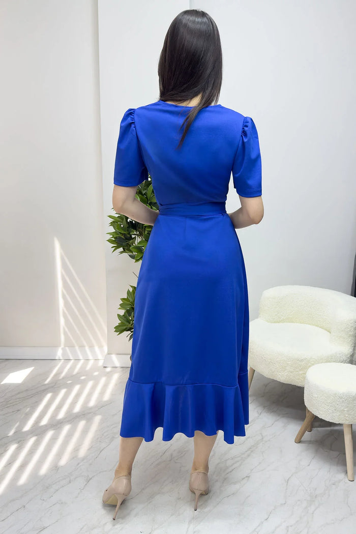 Saks Mavisi Kısa Karpuz Kol Kruvaze Kuşaklı Büyük Beden Elbise

