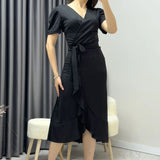 Siyah Kısa Karpuz Kol Kruvaze Kuşaklı Büyük Beden Elbise