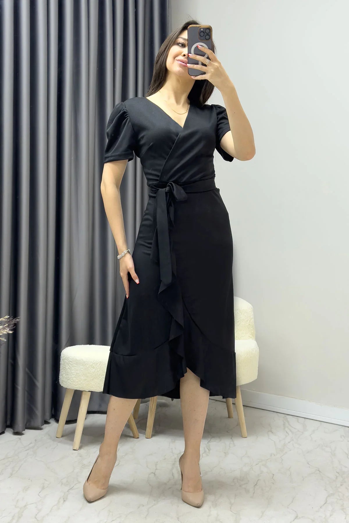 Siyah Kısa Karpuz Kol Kruvaze Kuşaklı Büyük Beden Elbise

