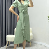 Su yeşili Kısa Karpuz Kol Kruvaze Kuşaklı Büyük Beden Elbise