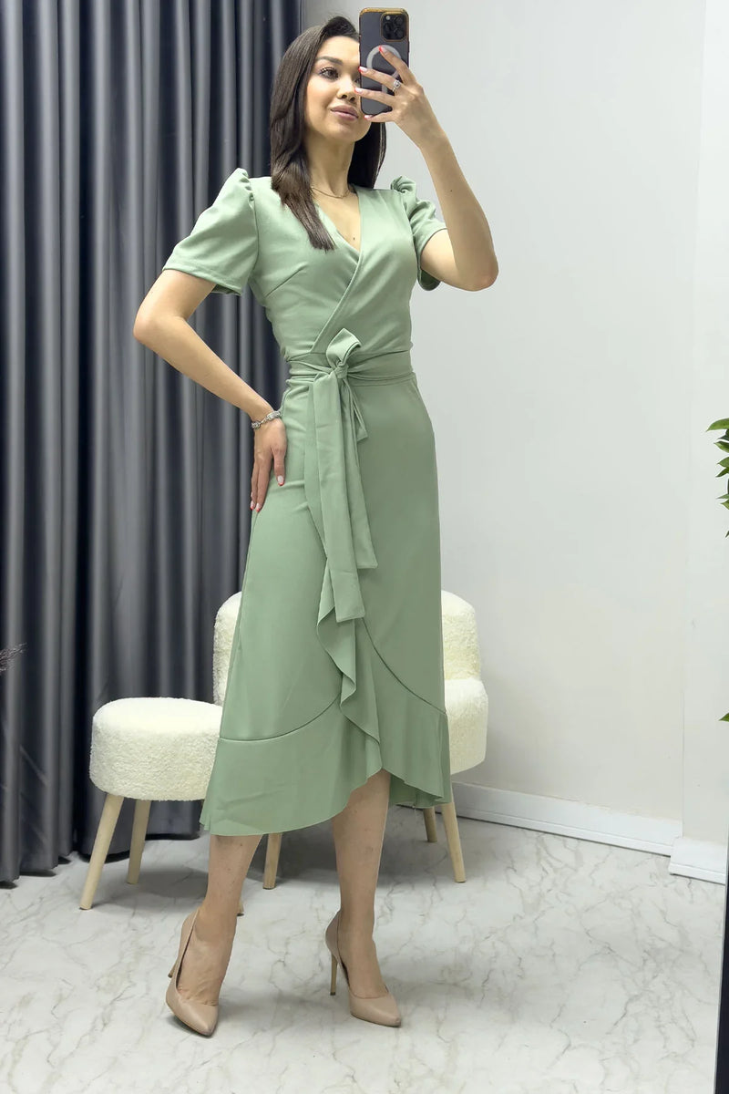 Su yeşili Kısa Karpuz Kol Kruvaze Kuşaklı Büyük Beden Elbise

