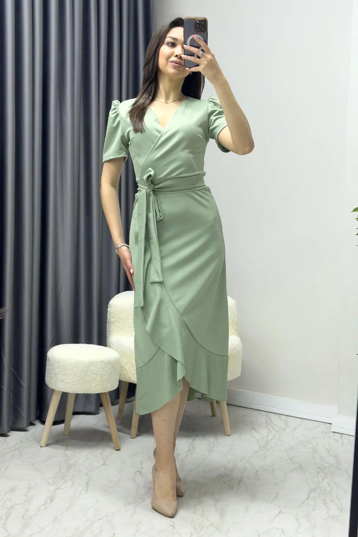 Su yeşili Kısa Karpuz Kol Kruvaze Kuşaklı Büyük Beden Elbise

