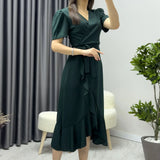 Zümrüt Yeşili Kısa Karpuz Kol Kruvaze Kuşaklı Büyük Beden Elbise