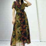 Batik Kısa Kol Kruvaze Yaka Büyük Beden Şifon Elbise