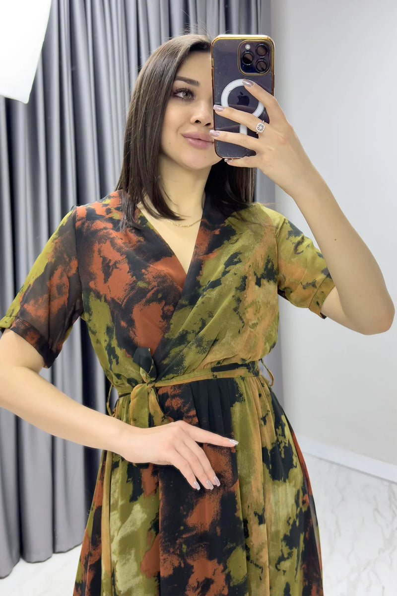 Batik Kısa Kol Kruvaze Yaka Büyük Beden Şifon Elbise

