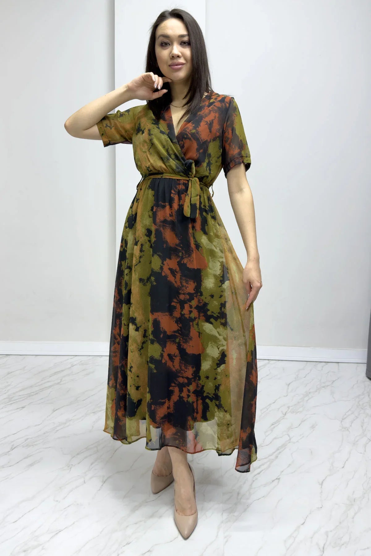 Batik Kısa Kol Kruvaze Yaka Büyük Beden Şifon Elbise


